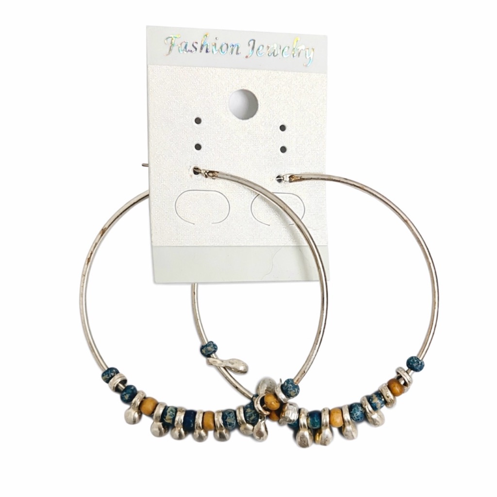 Boho Beaded Hoop Earrings Silver And Blue Wood Accents